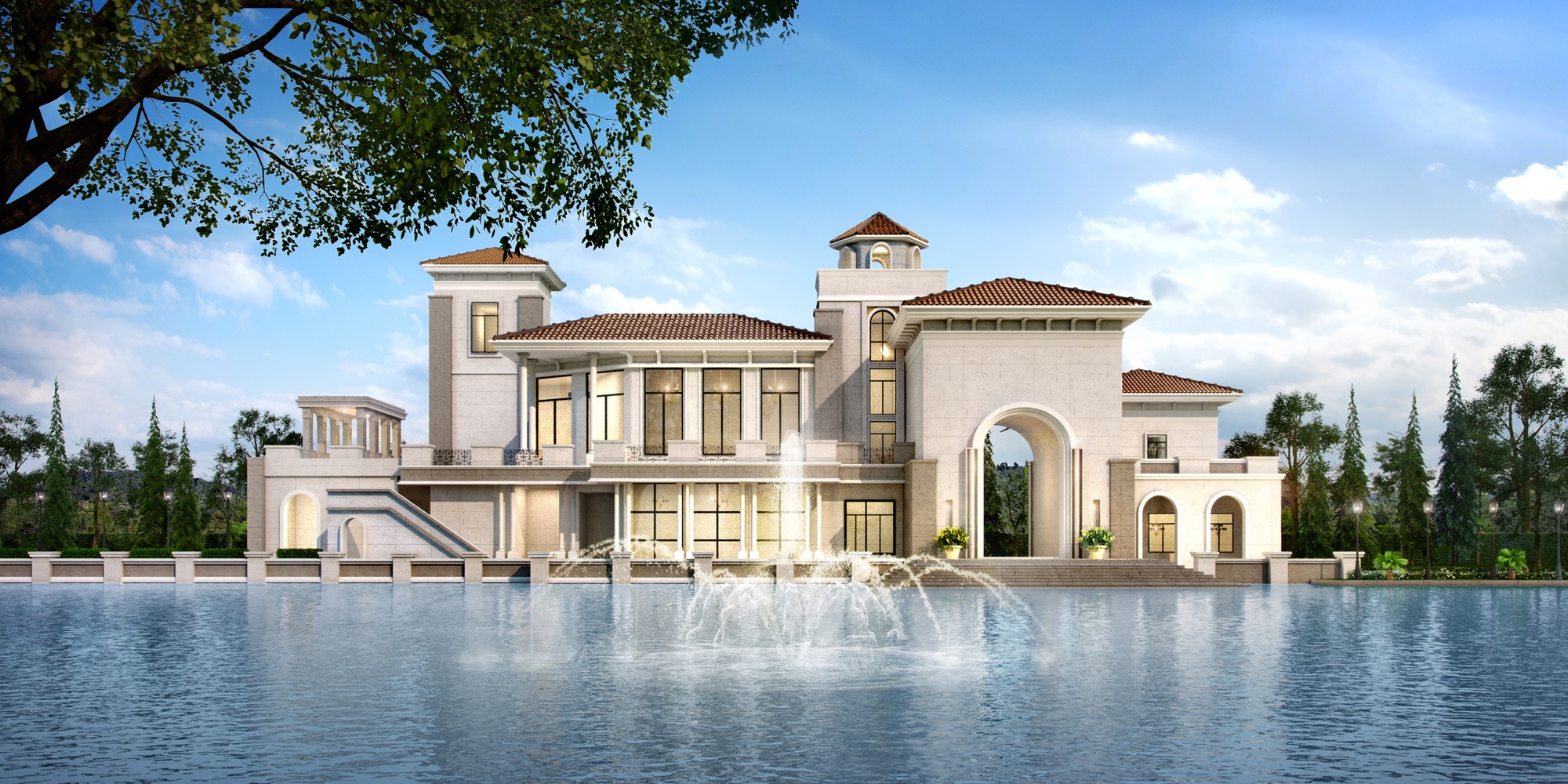 3d rendering modern classic clubhouse castle with luxury design garden near lake